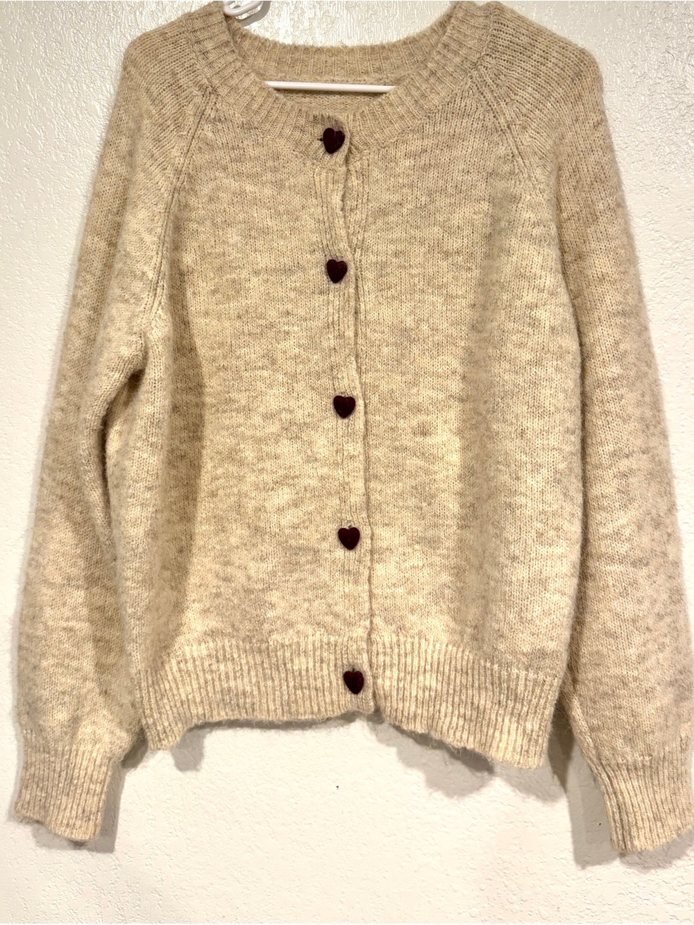 COMMENSE Elegant Heart Button Cardigan Apricot Beige Size L Cozy Knit